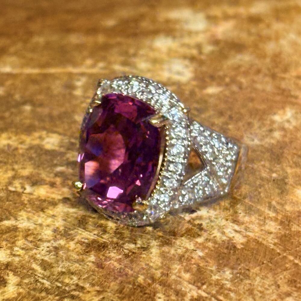 Gold Vermeil over Sterling, Lab Created Pink Sapphire & CZ Cocktail Ring Sz 6 - Picture 5 of 9